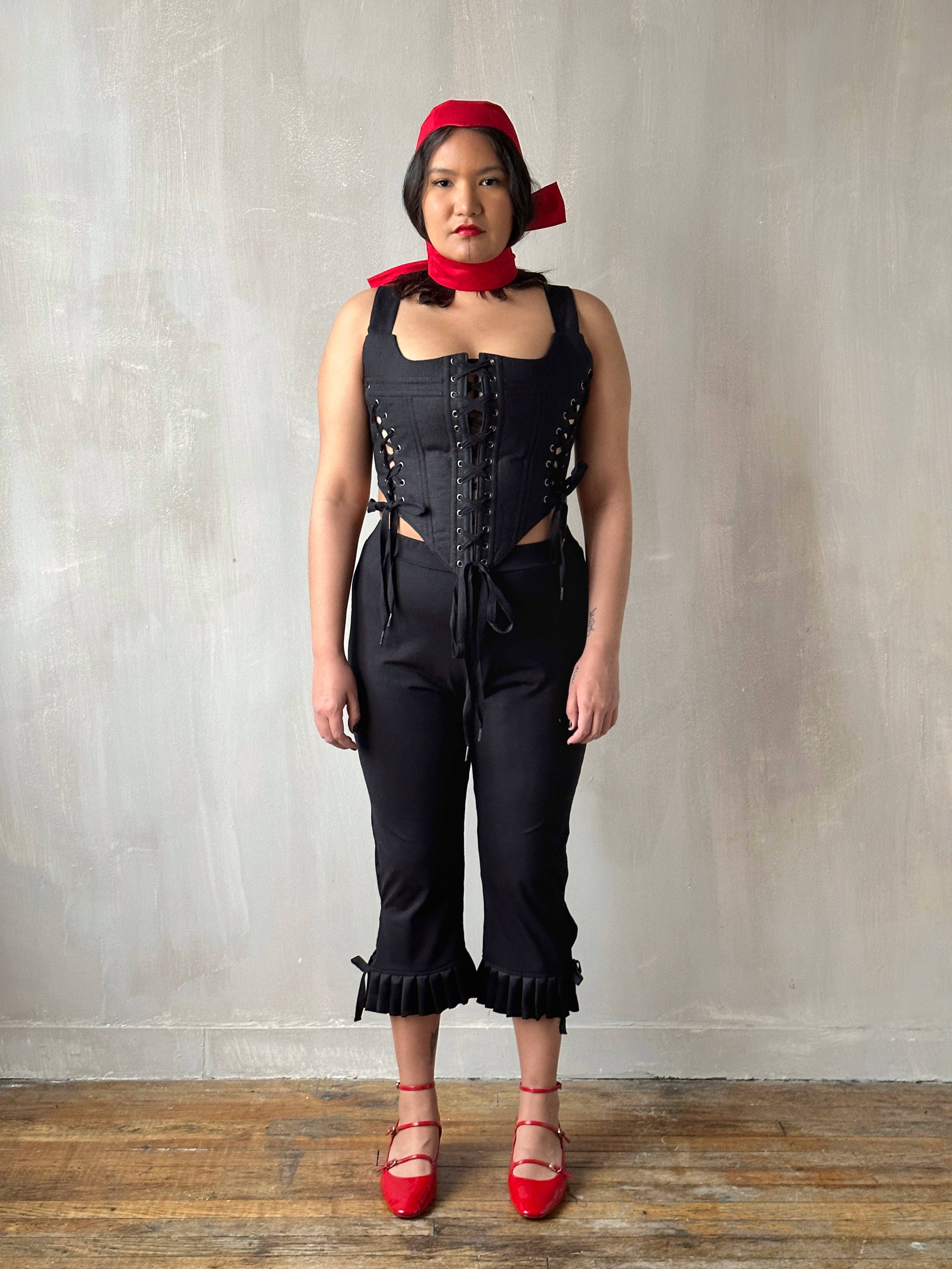 Triple-Laced Corset in Black Linen (Made-to-Order)