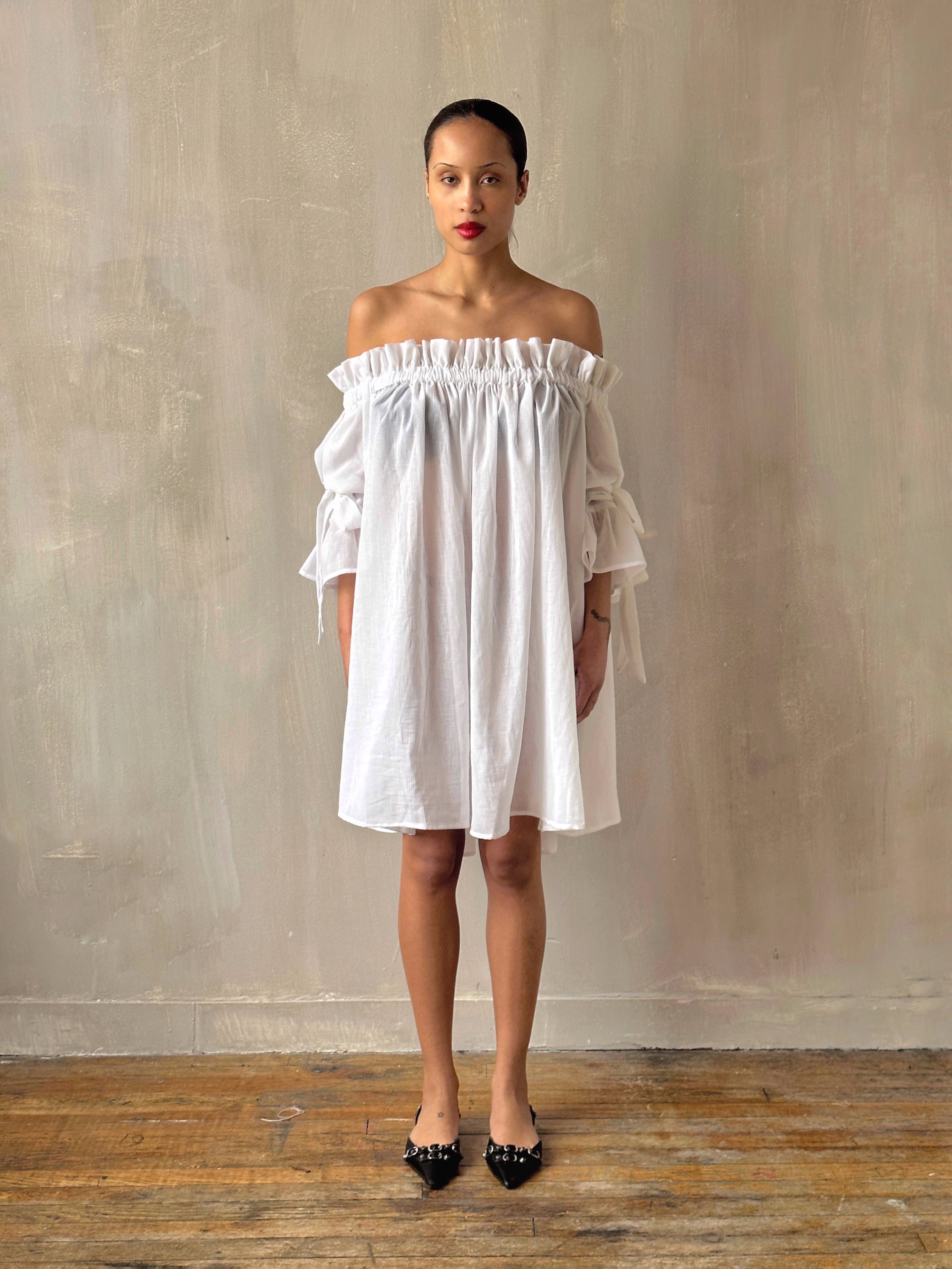 Paperbag Tunic in White Cotton Voile (Made-to-Order)