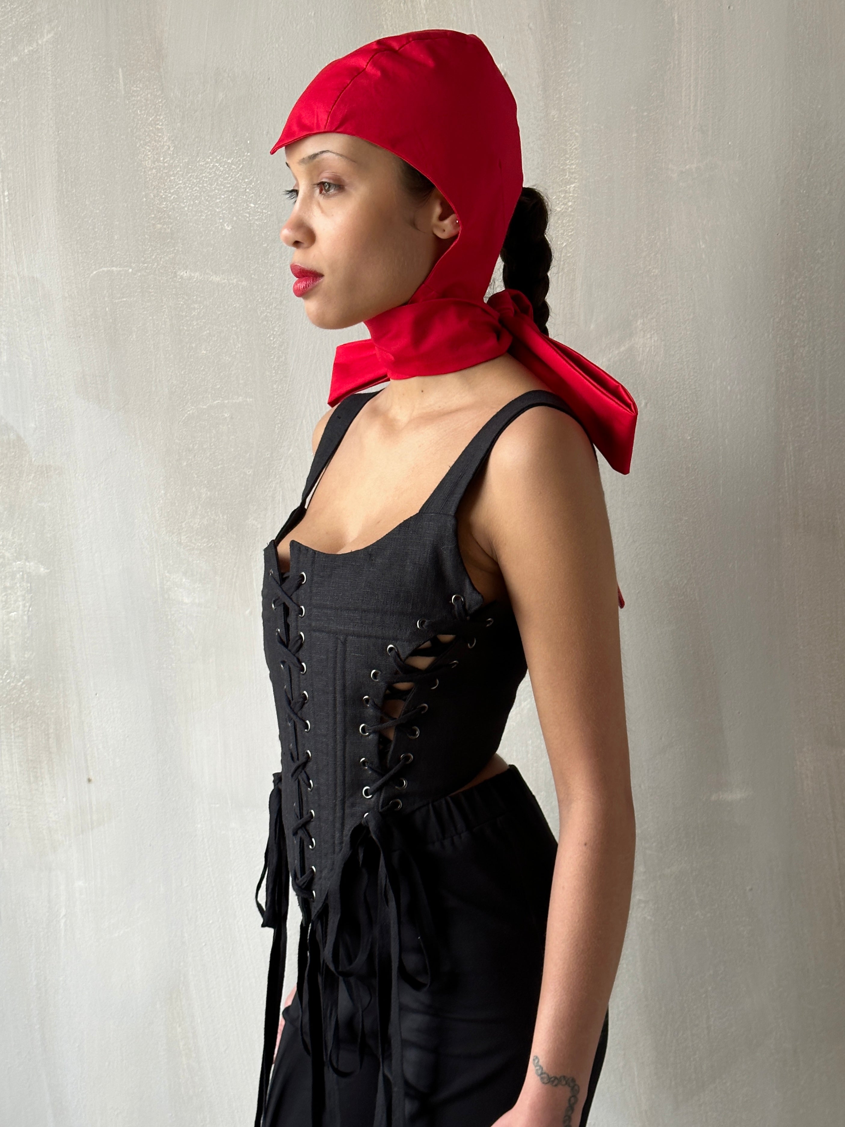 Triple-Laced Corset in Black Linen (Made-to-Order)