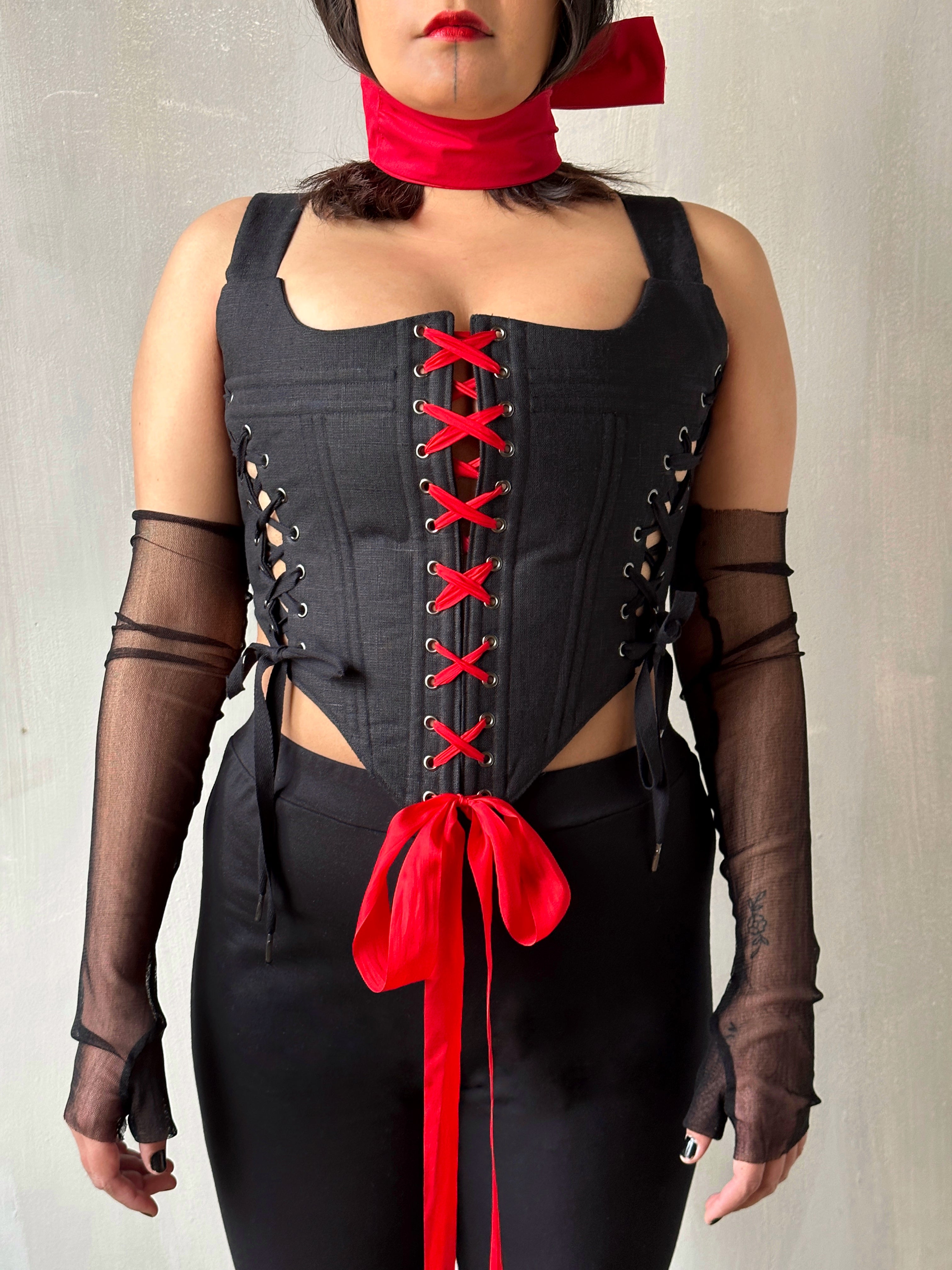 Triple-Laced Corset in Black Linen (Made-to-Order)