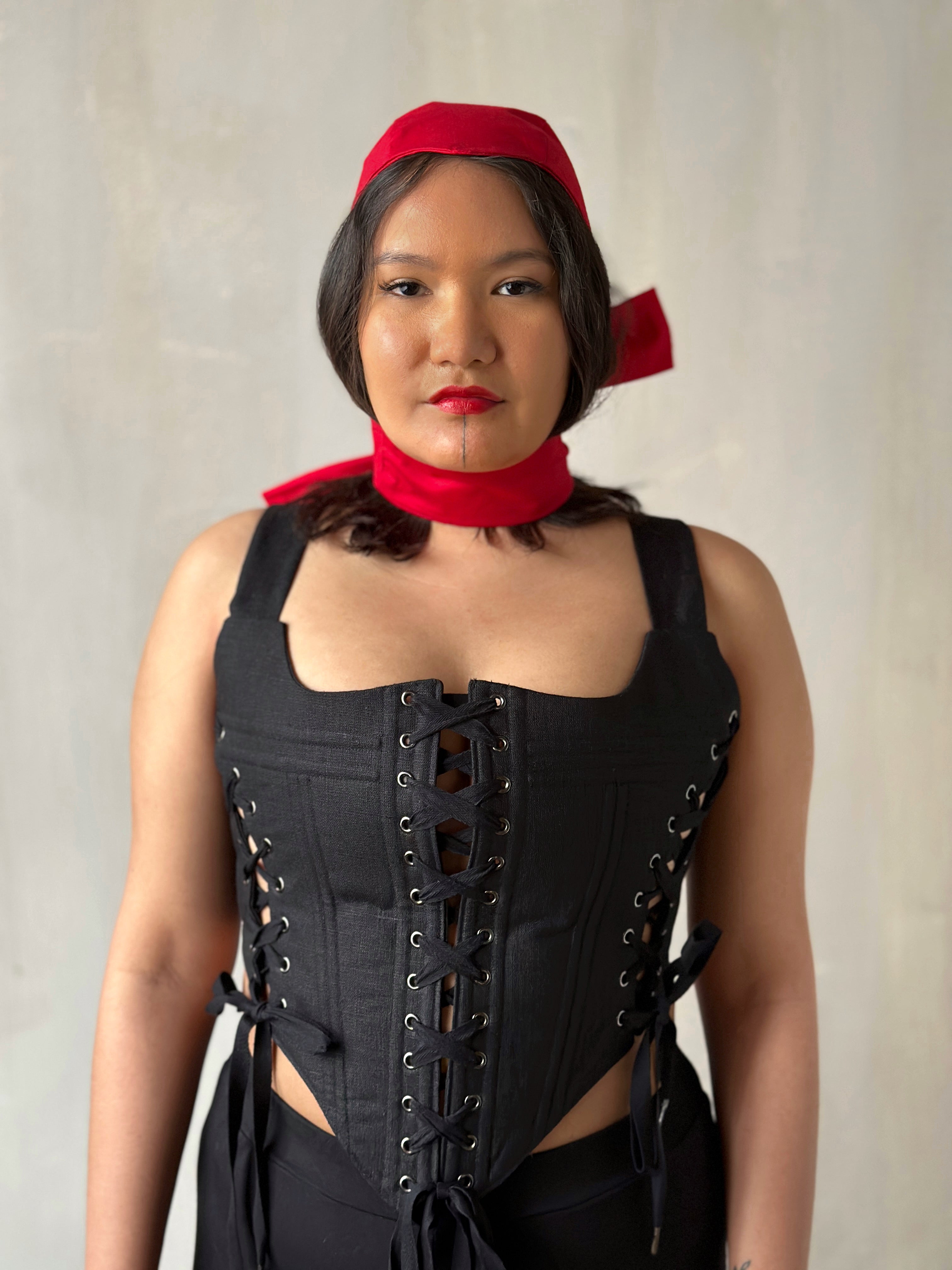 Triple-Laced Corset in Black Linen (Made-to-Order)