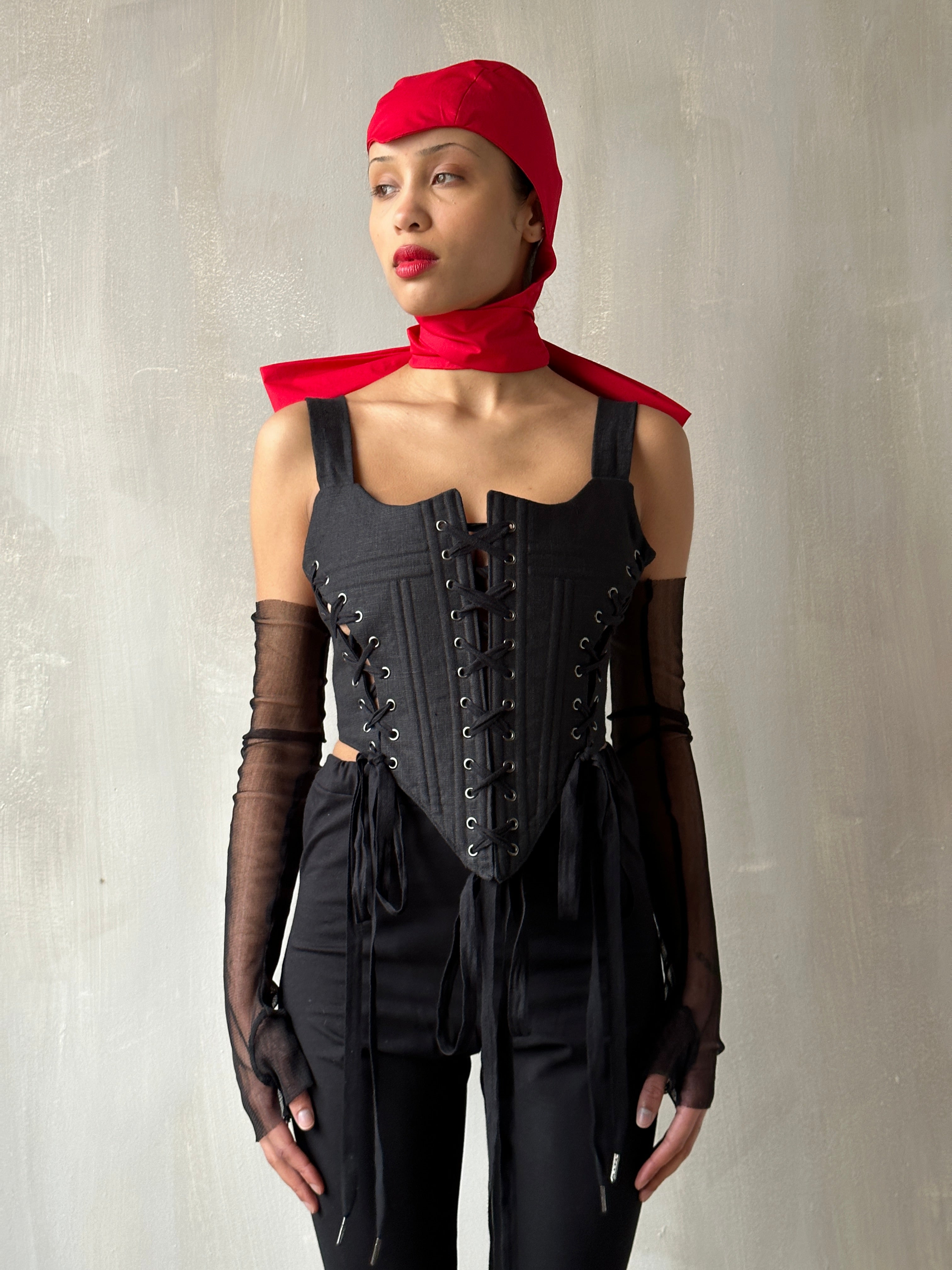 Triple-Laced Corset in Black Linen (Made-to-Order)