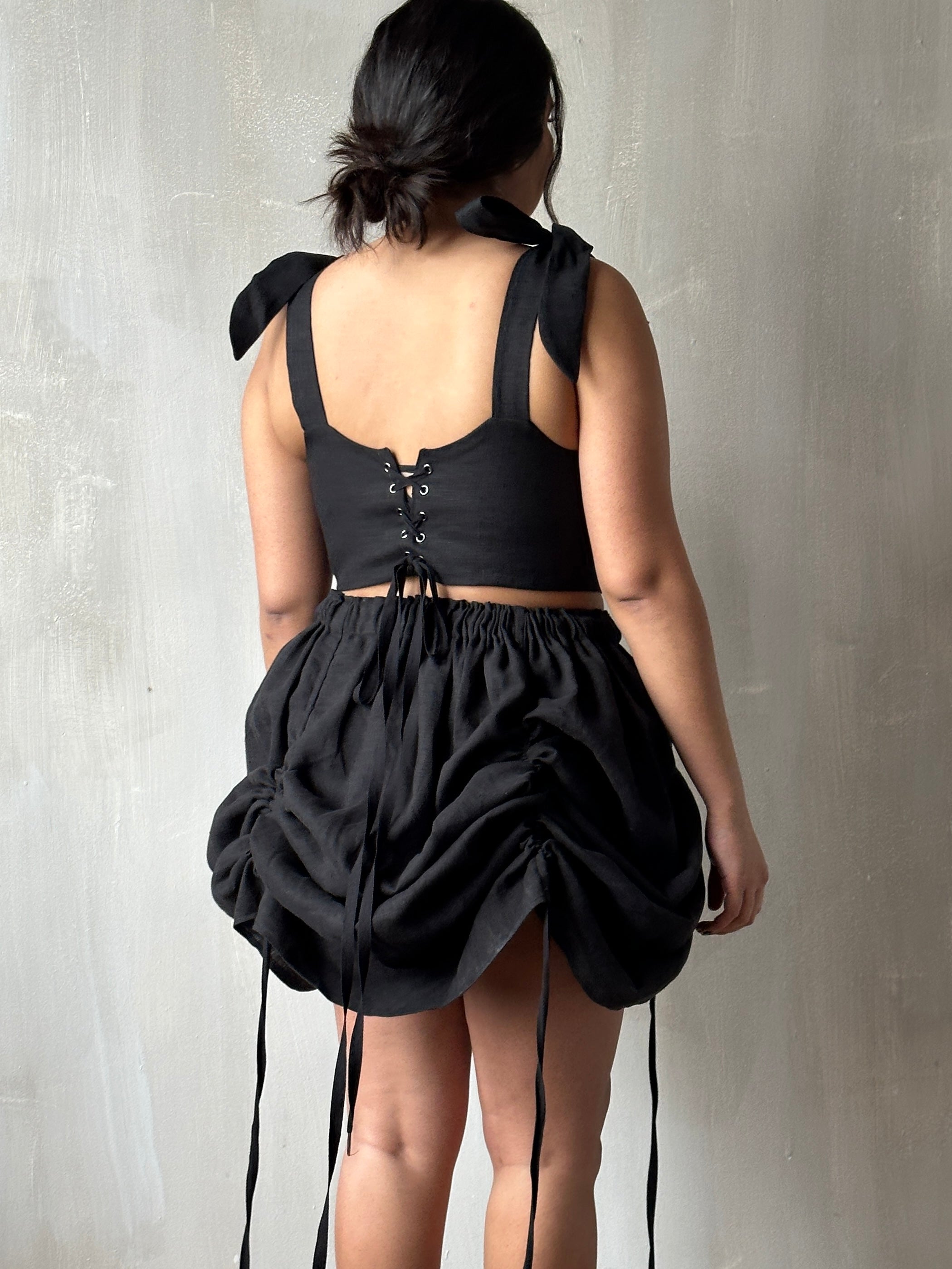 Black Four-Way Drawstring Skirt in Linen (Made-To-Order)