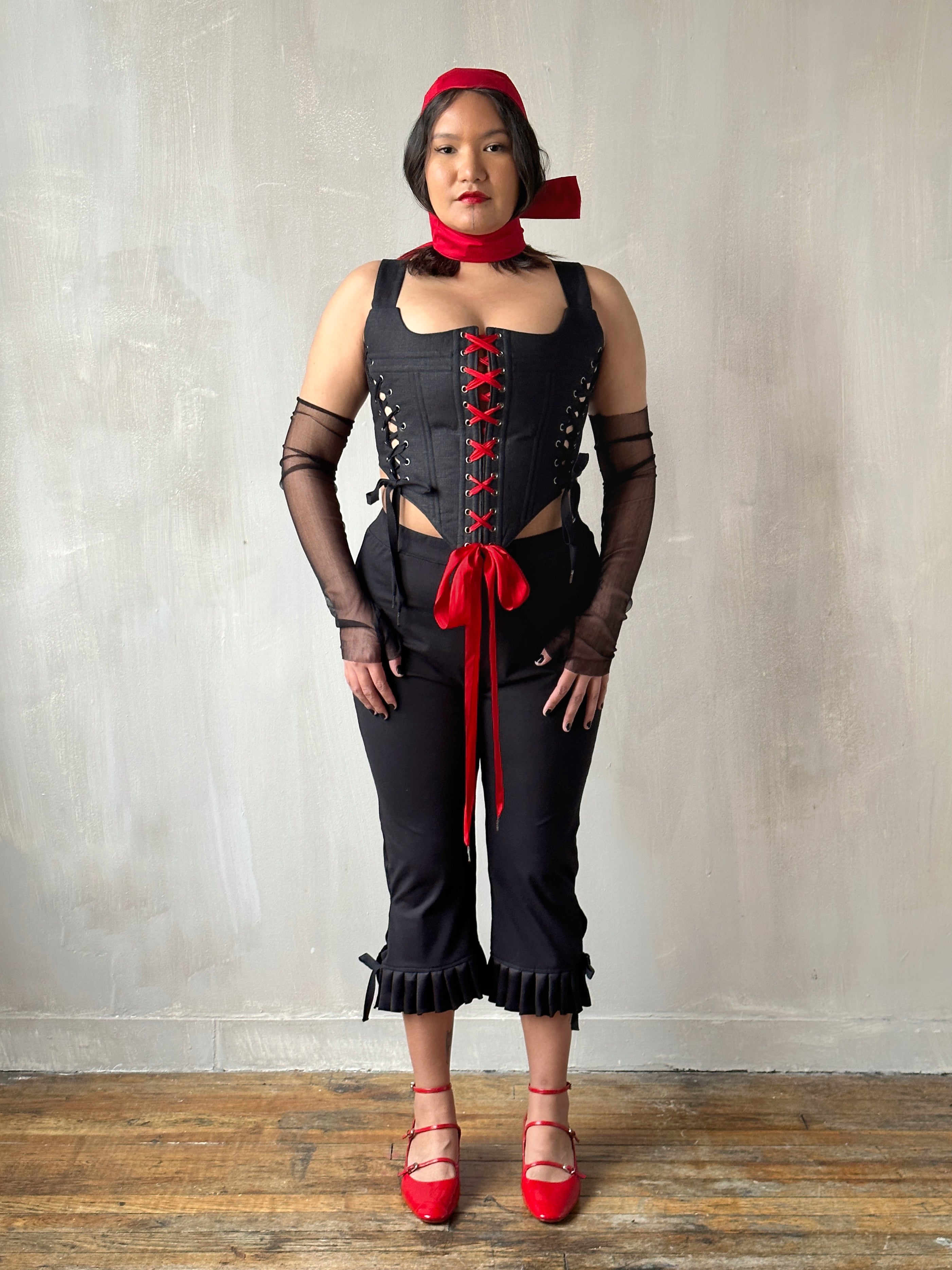 Triple-Laced Corset in Black Linen (Made-to-Order)