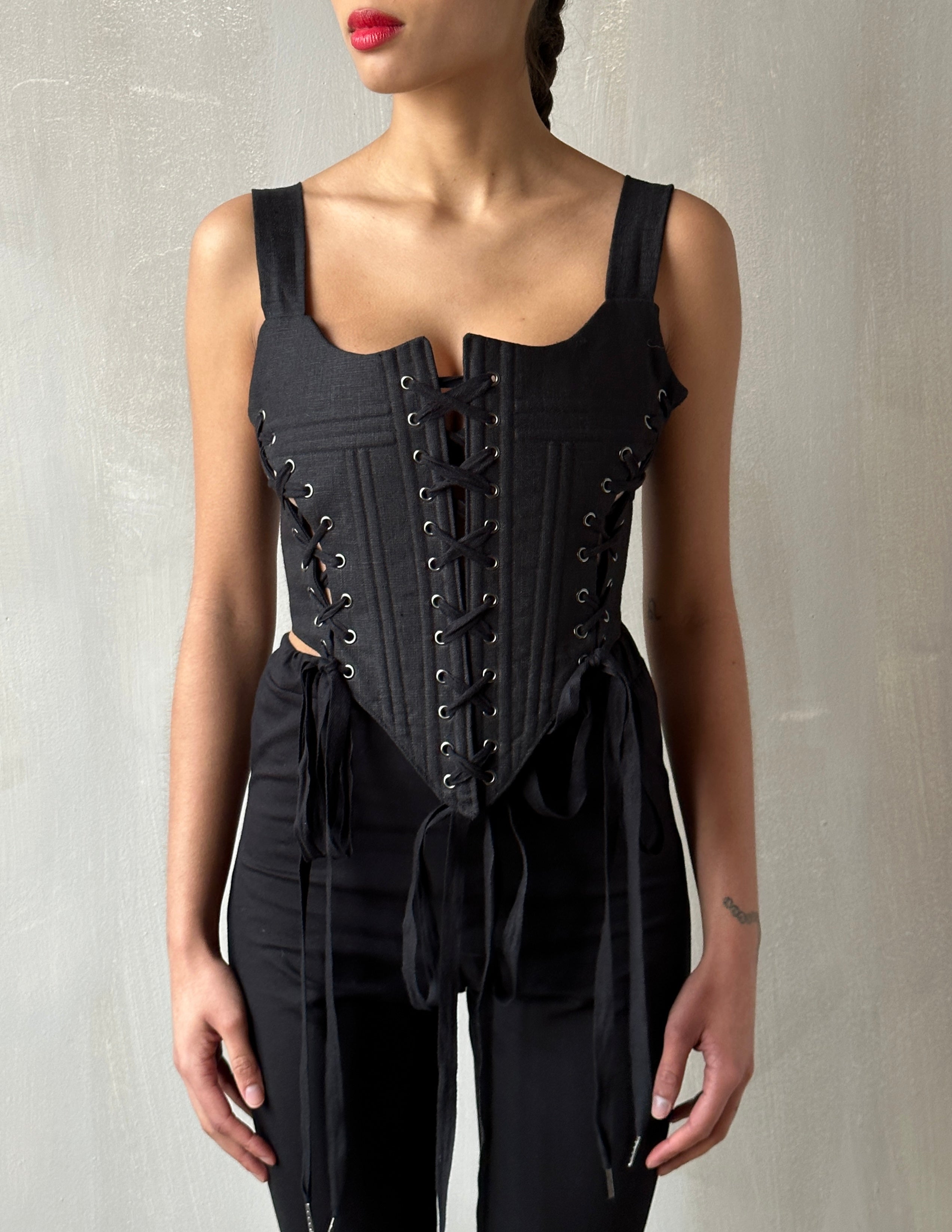 Triple-Laced Corset in Black Linen (Made-to-Order)