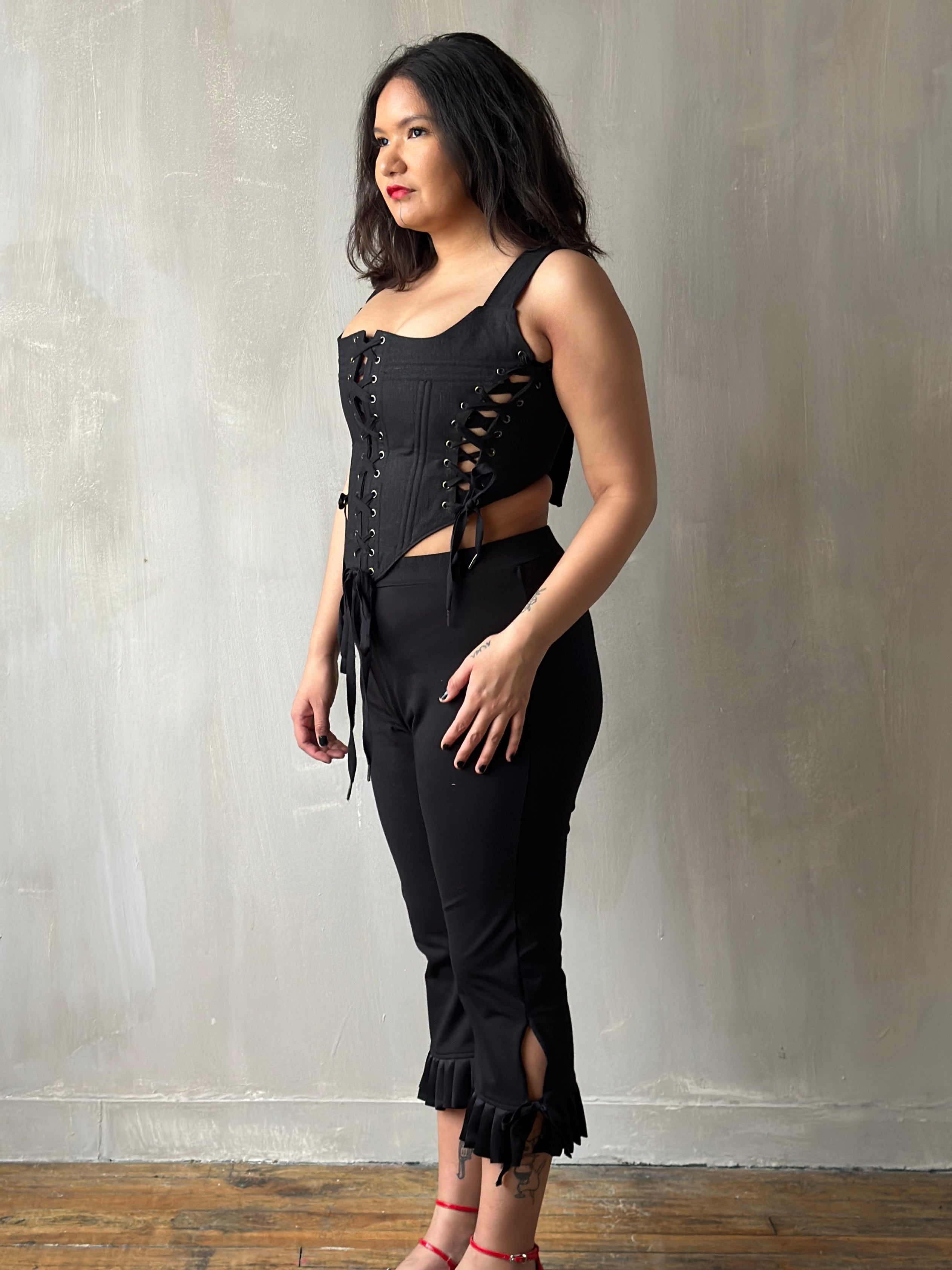 Triple-Laced Corset in Black Linen (Made-to-Order)