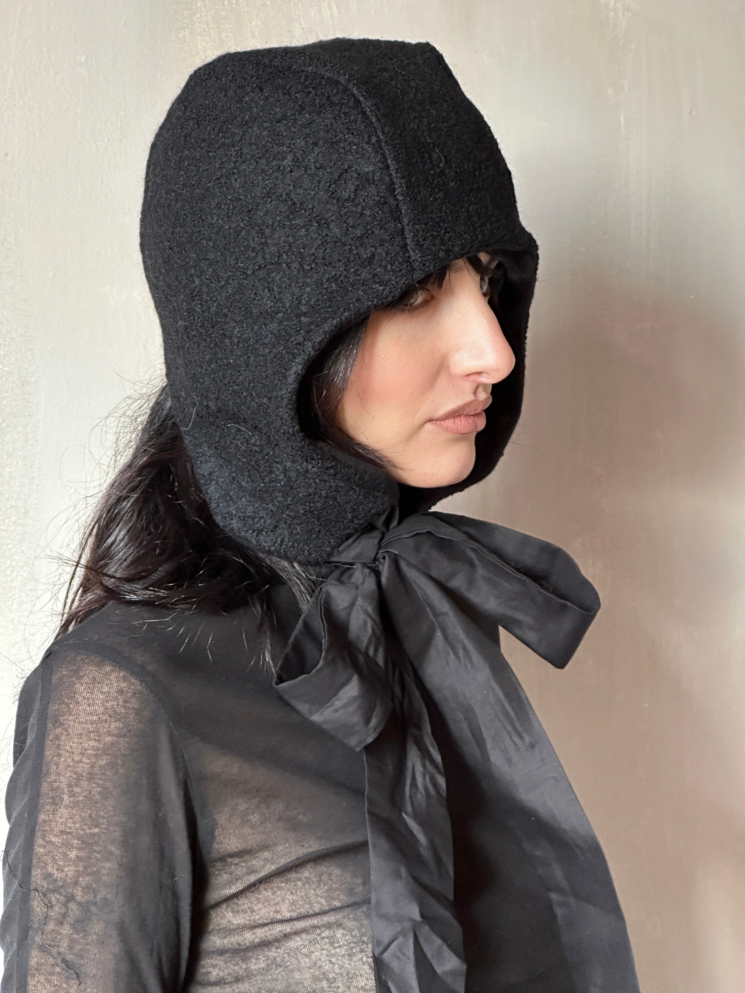 Winter '25 Spangenhelm Toque in Black Wool with ties (Pre-Order)