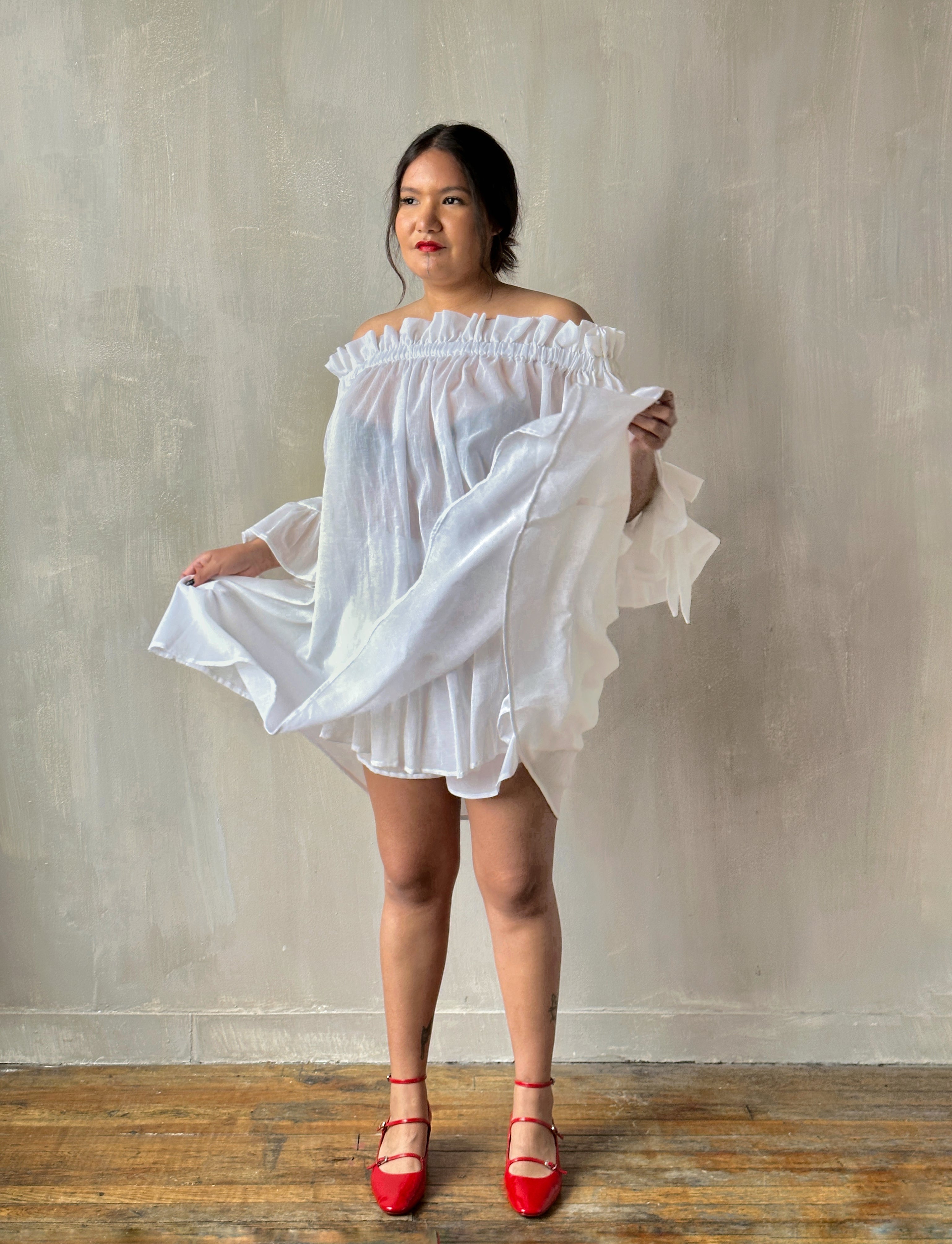 Paperbag Tunic in White Cotton Voile (Made-to-Order)