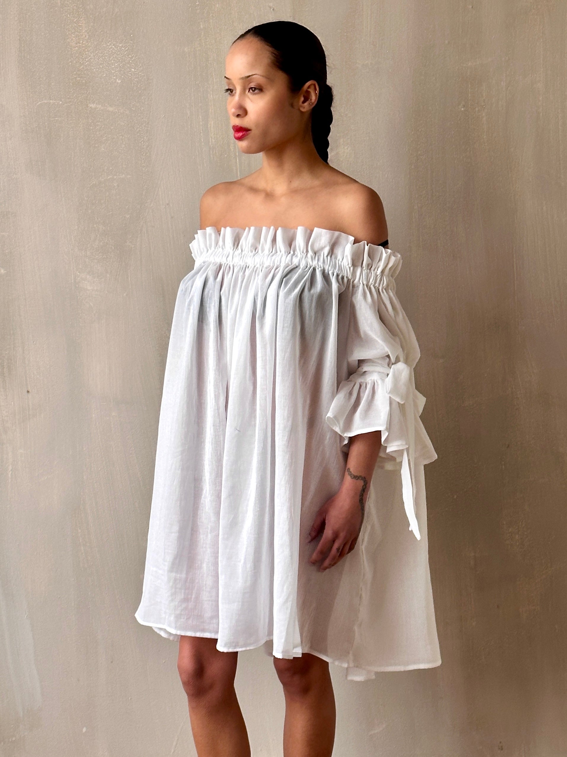 Paperbag Tunic in White Cotton Voile (Made-to-Order)