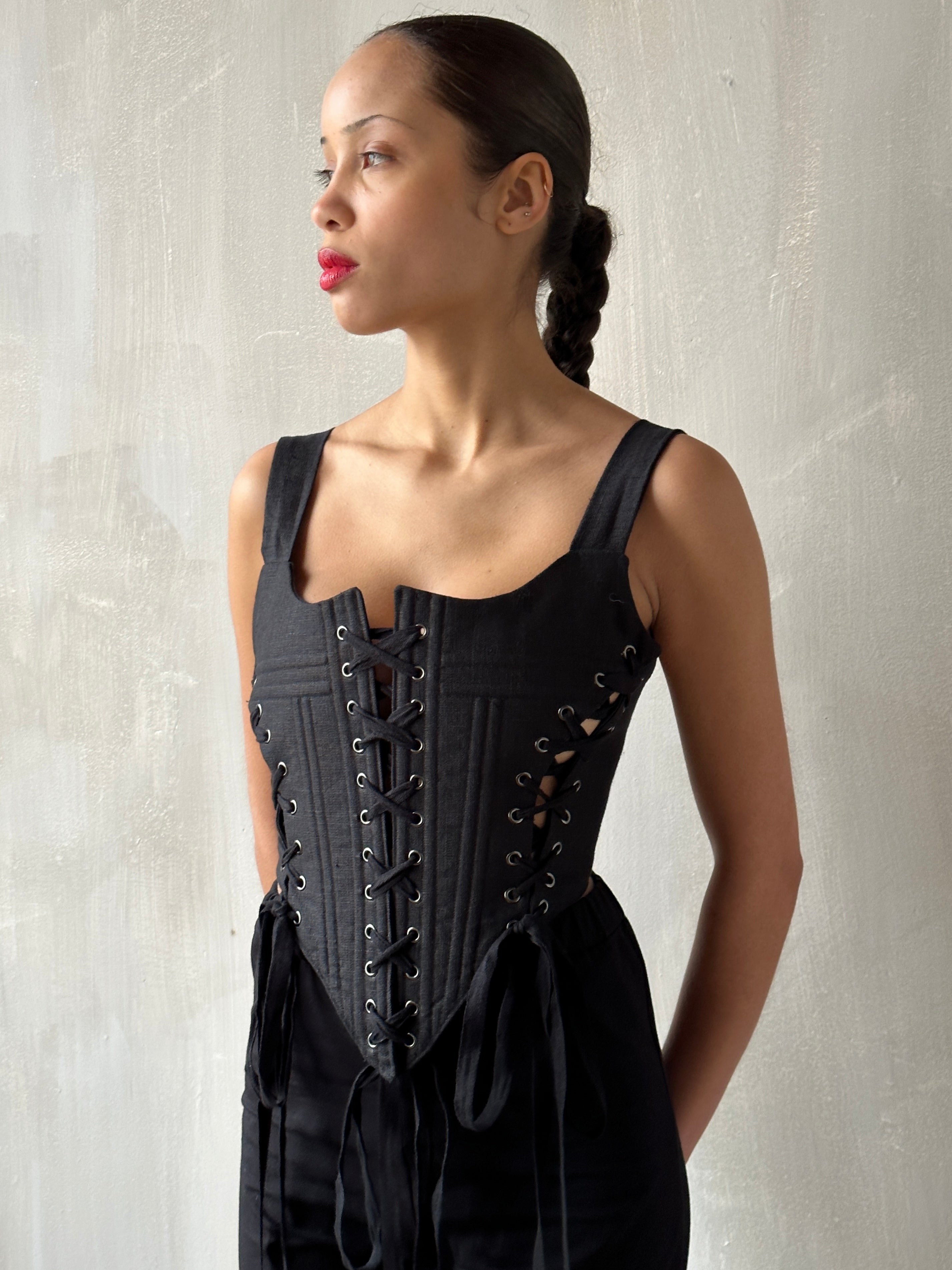 Triple-Laced Corset in Black Linen (Made-to-Order)