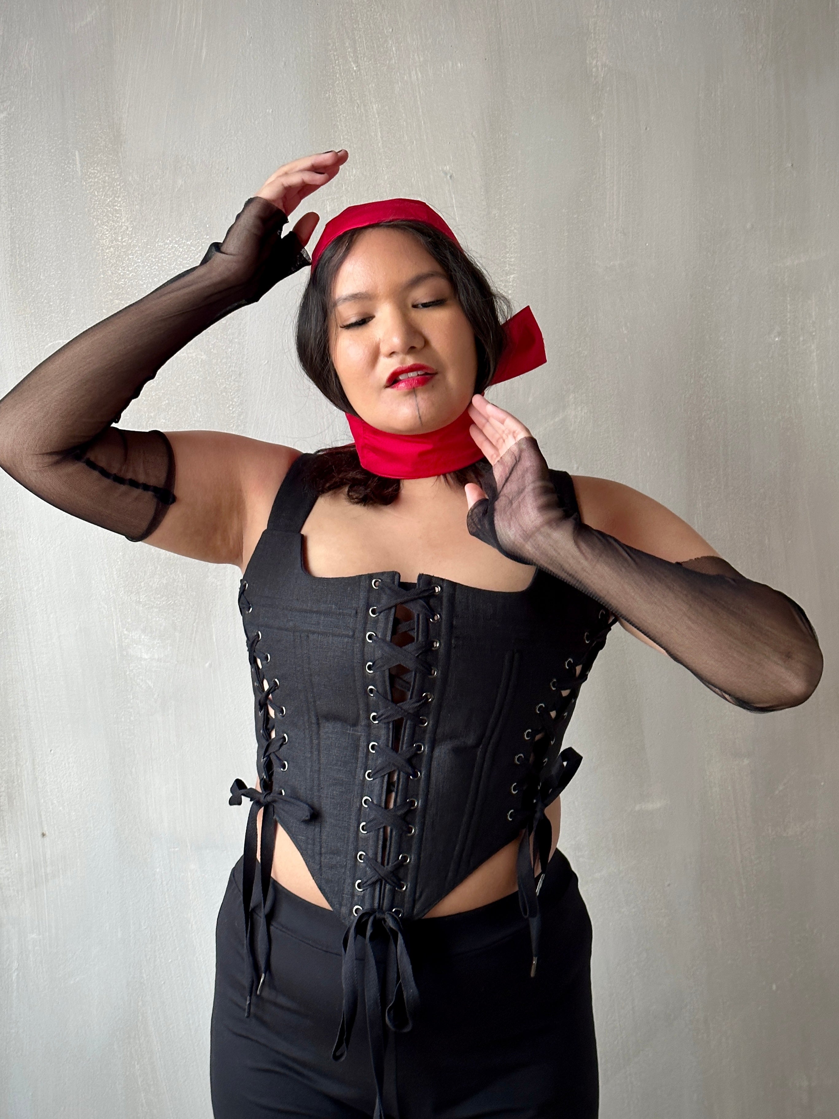 Triple-Laced Corset in Black Linen (Made-to-Order)