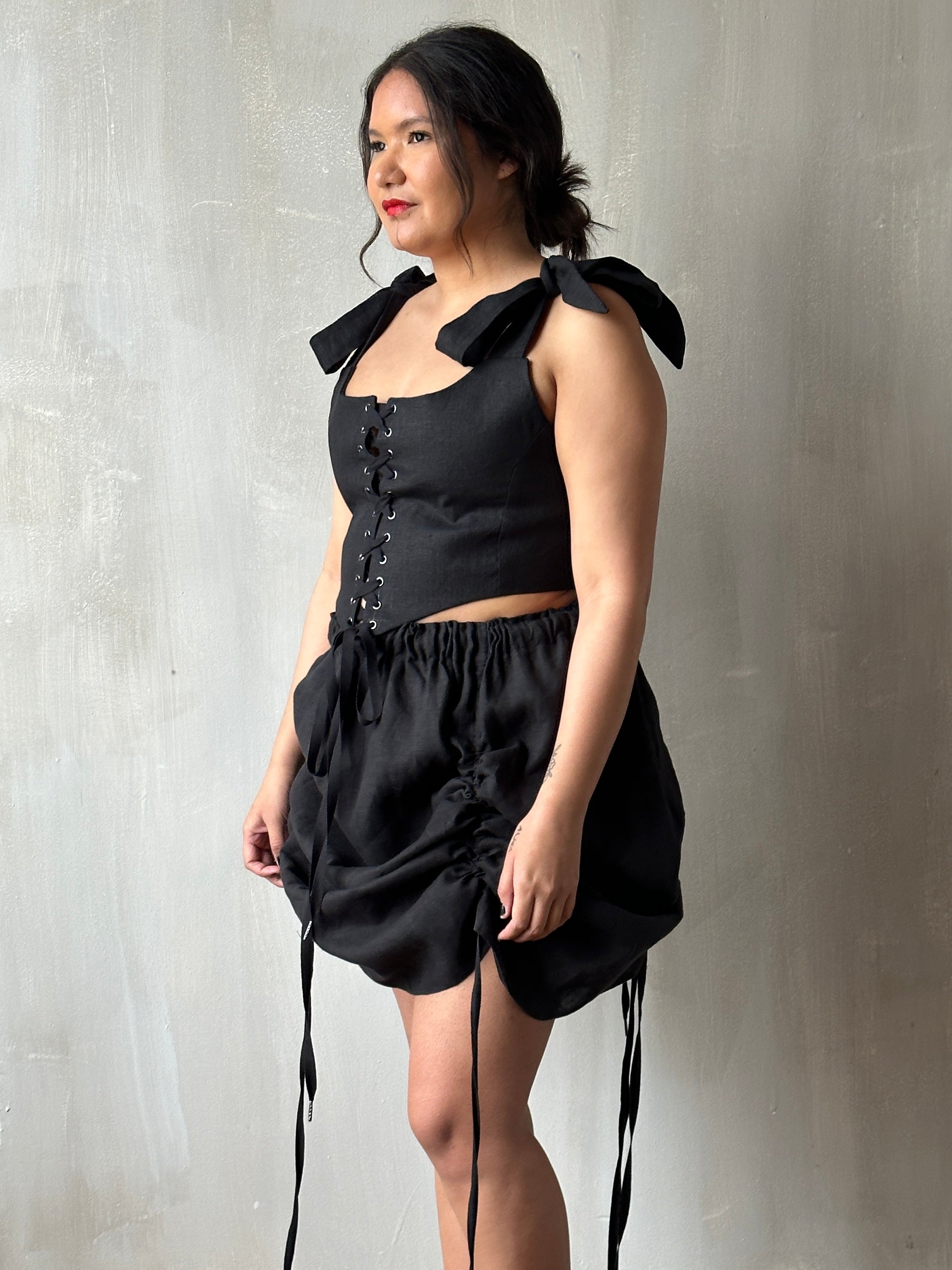 Black Four Way Drawstring Skirt in Linen Made To Order