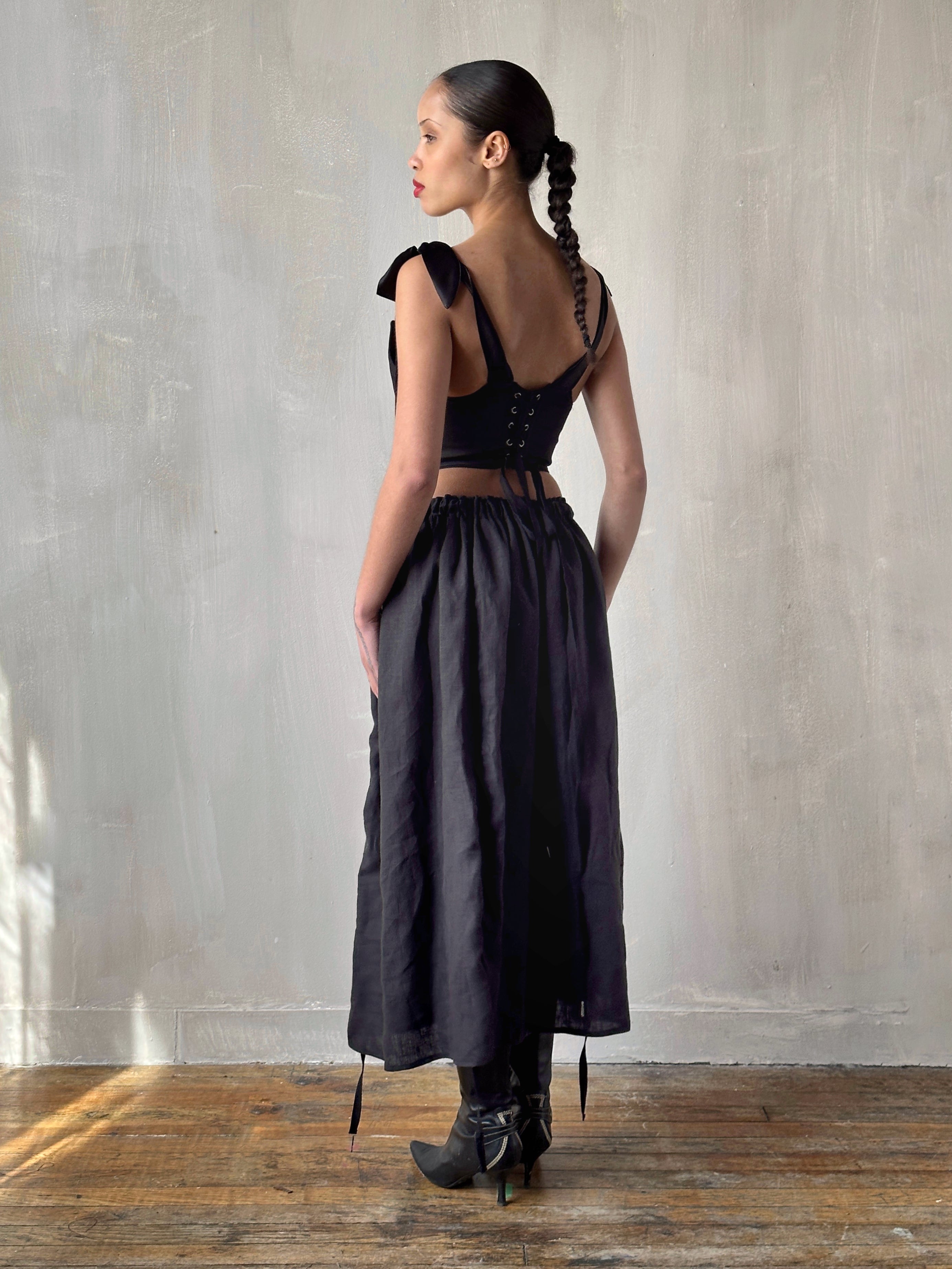 Black Four-Way Drawstring Skirt in Linen (Made-To-Order)