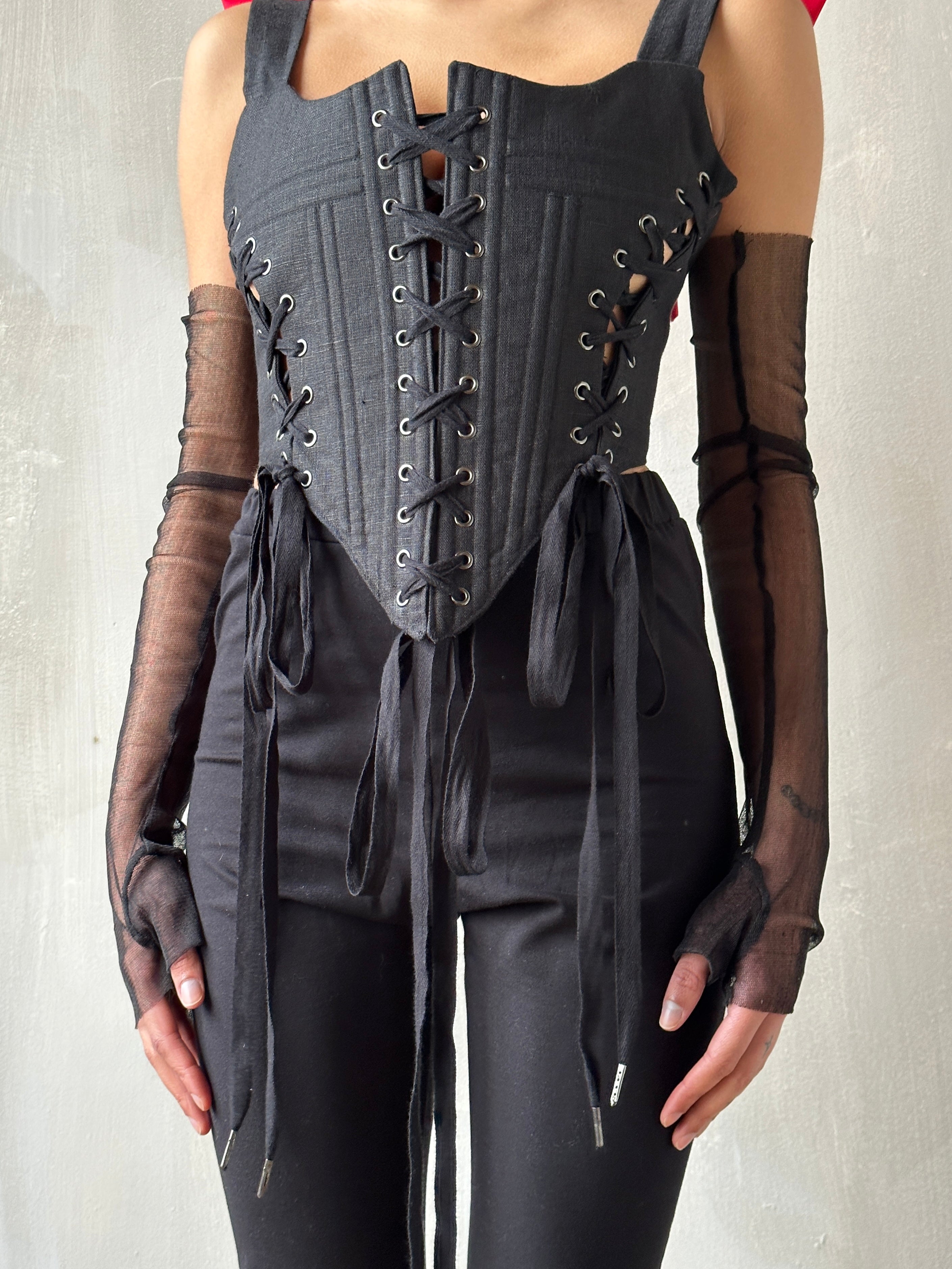 Triple-Laced Corset in Black Linen (Made-to-Order)