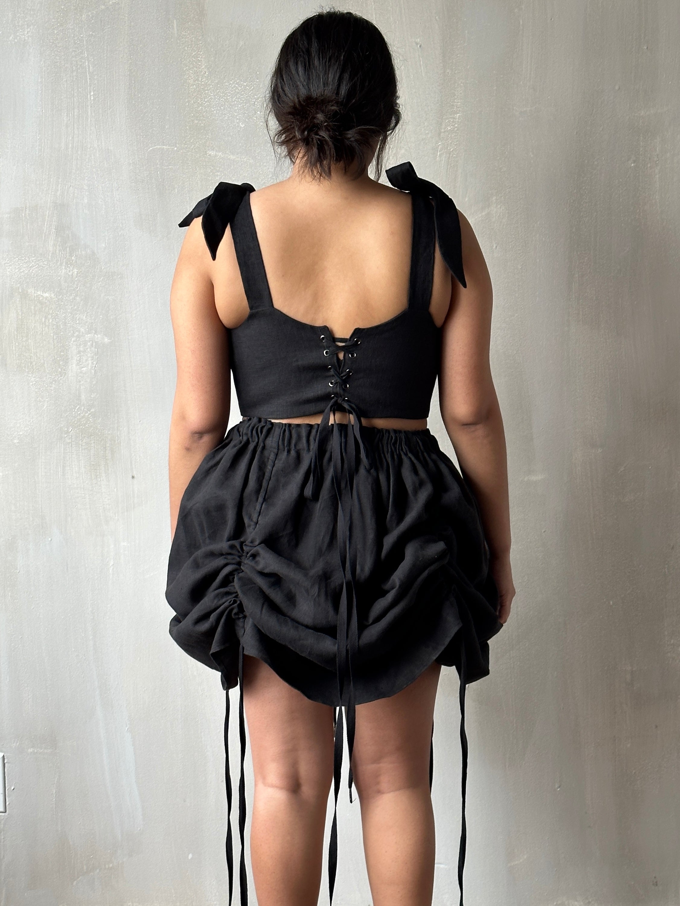 Black Four-Way Drawstring Skirt in Linen (Made-To-Order)