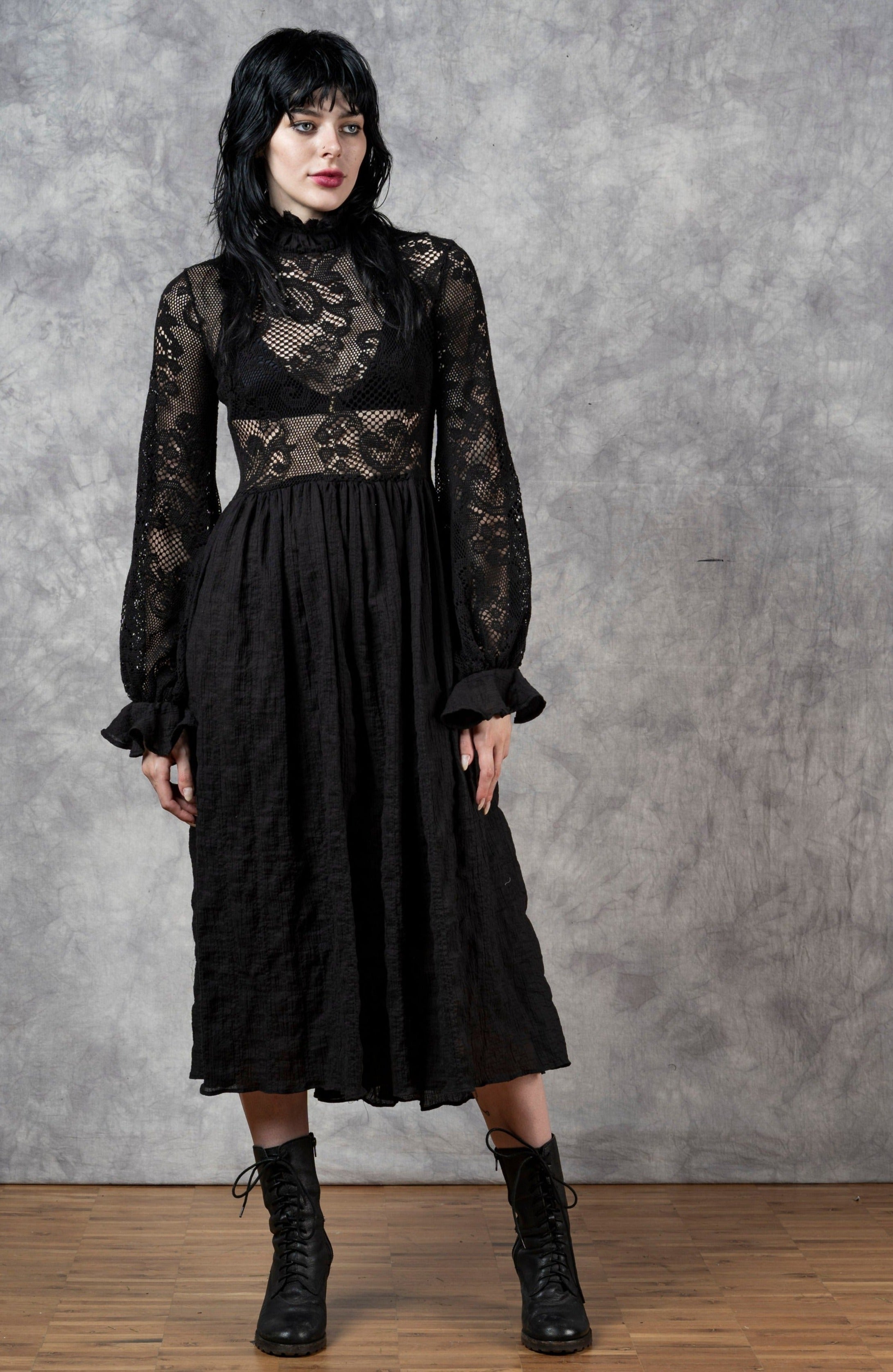 "Edith" Lace High Collar Dress in Black