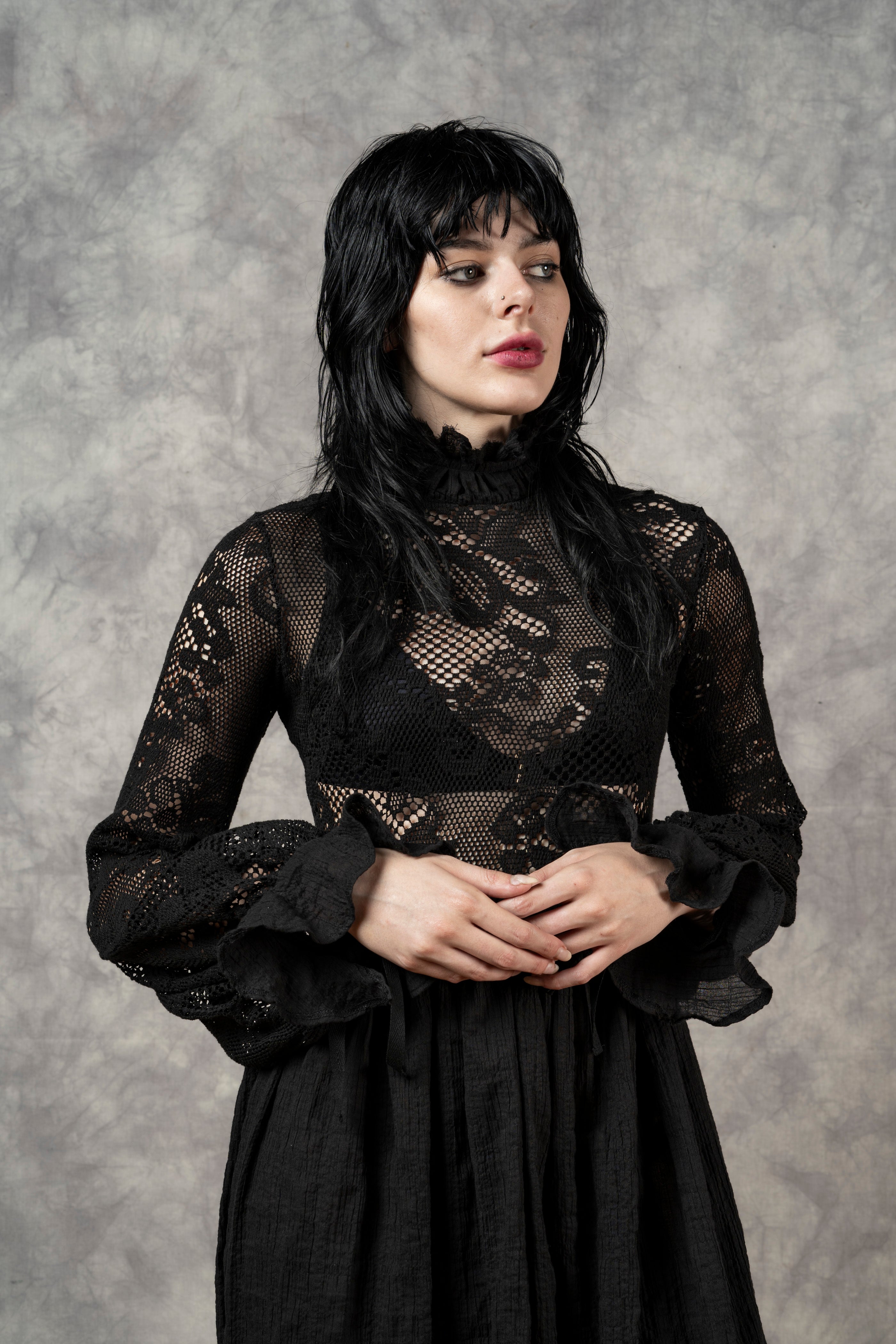 Edith Lace High Collar Dress in Black