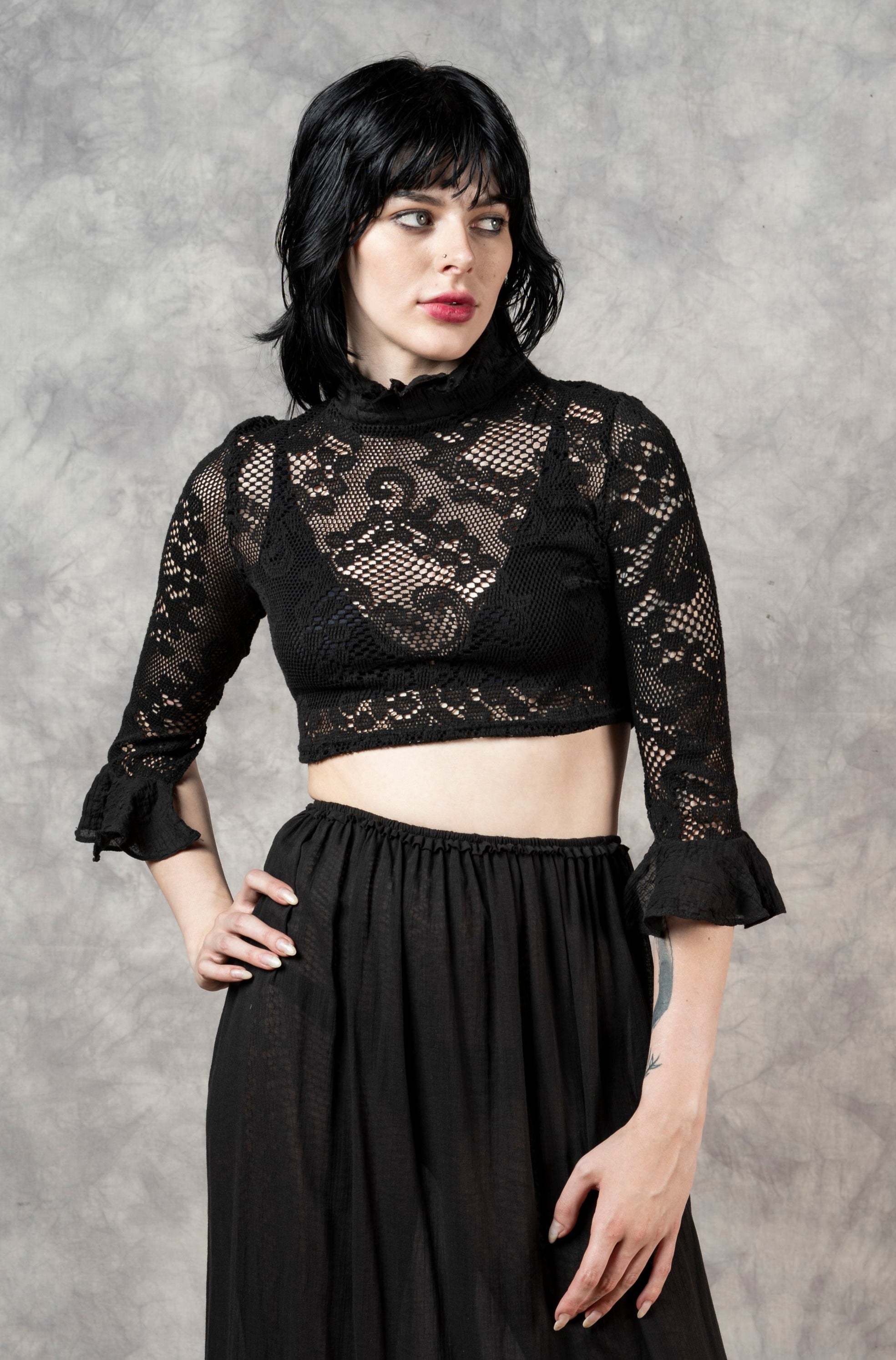 Lace High Collar Top in Black