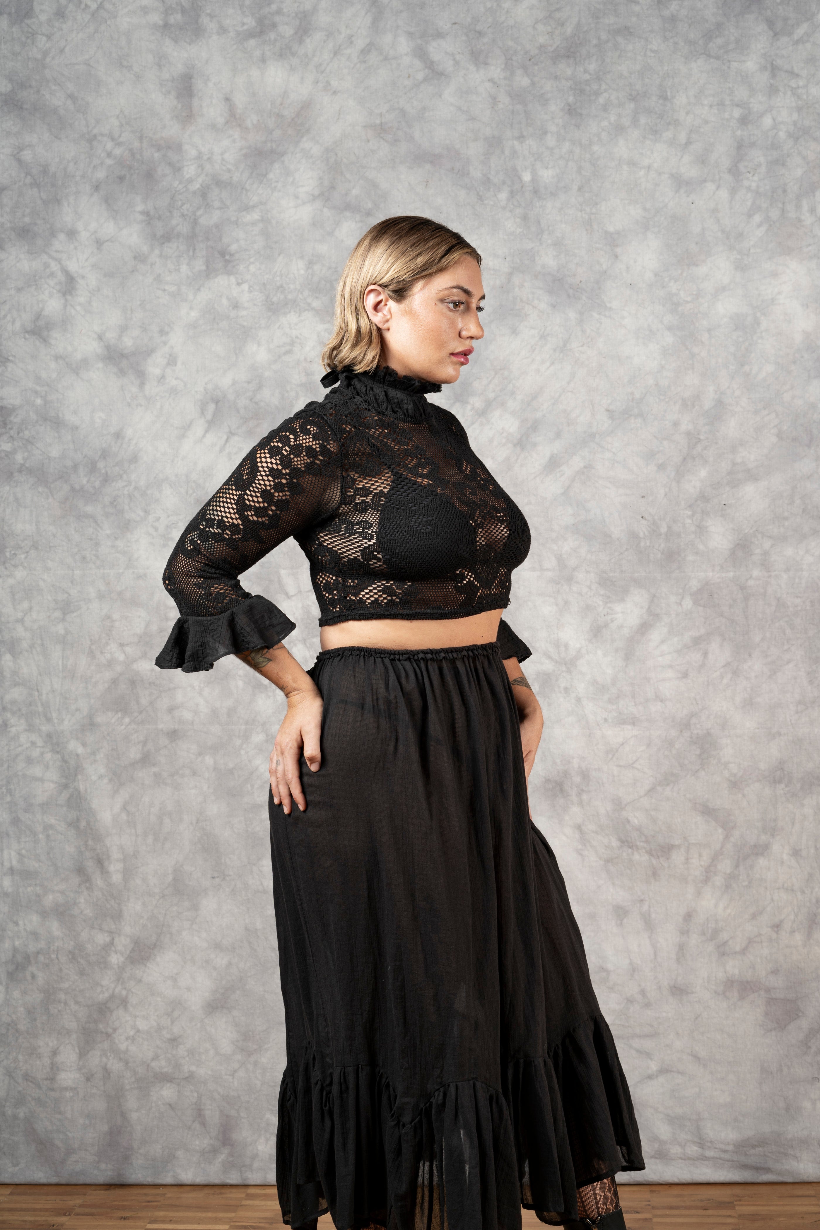 Lace High Collar Top in Black