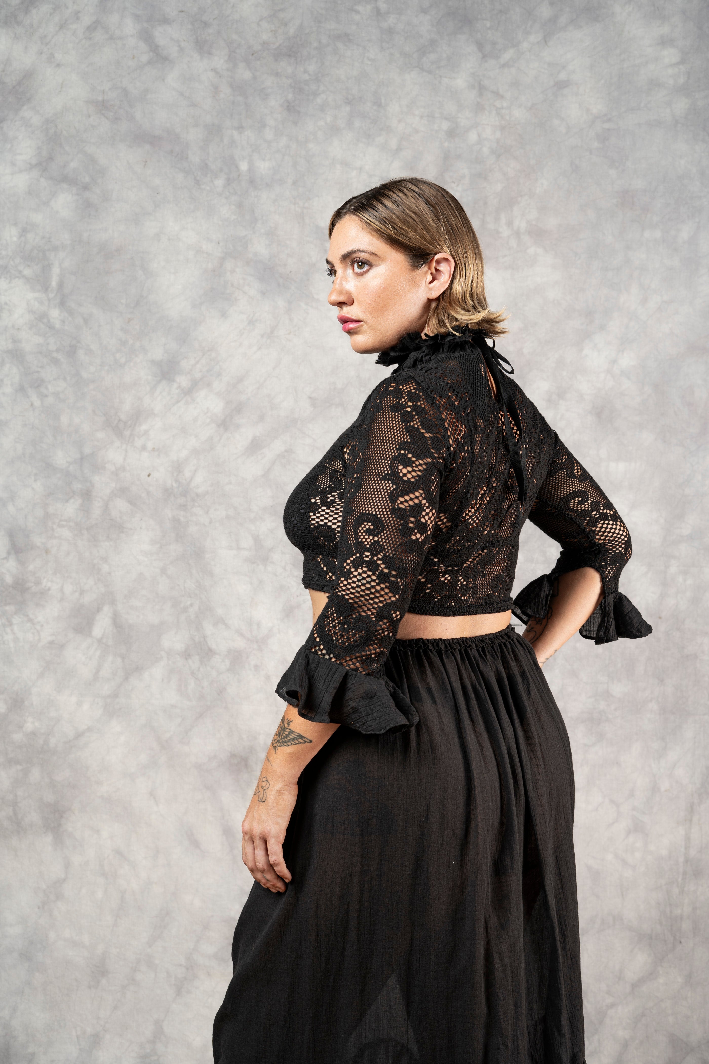 Lace High Collar Top in Black