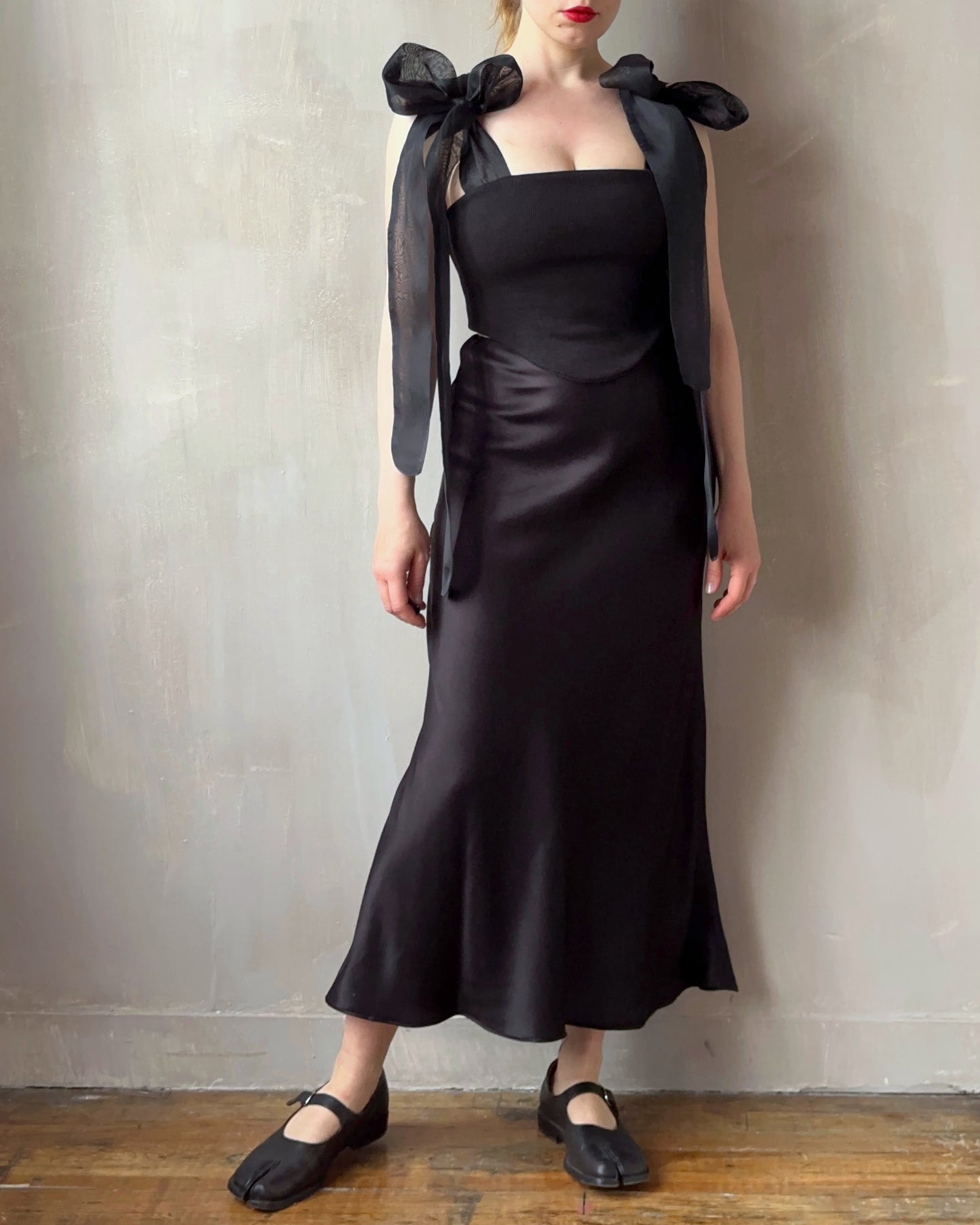 Bias Cut Black Satin Slip Skirt (Made-to-Order)
