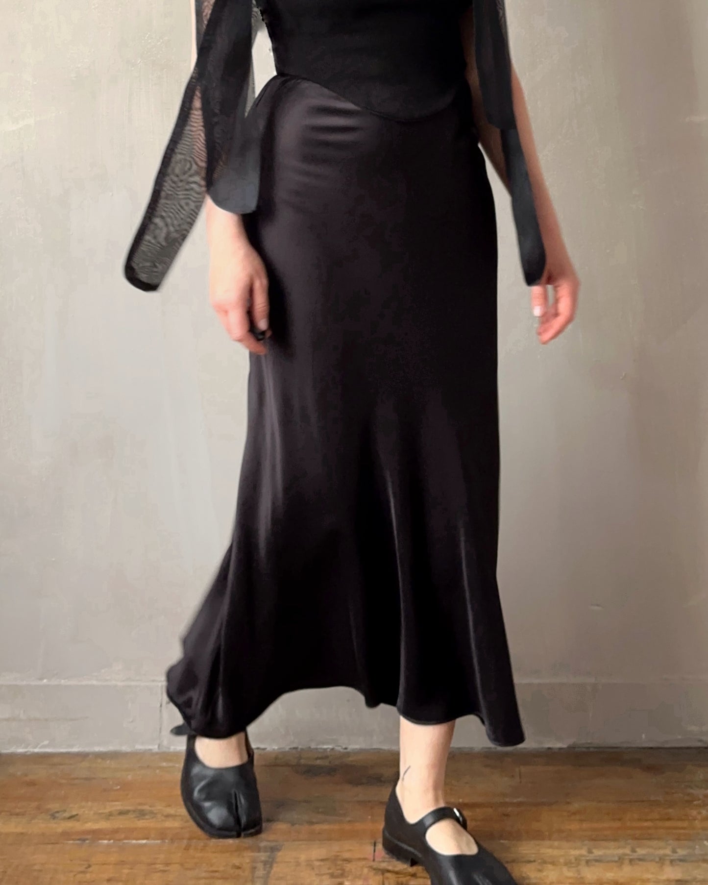 Bias Cut Black Satin Slip Skirt (Made-to-Order)